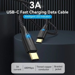 Cabo USB 2.0 Tipo-C a USB Tipo- C Vention / Até 60W/ 480Mbps / 0,50m com LED