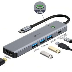 Adaptador 5 em 1 USB-C a 1xHDMI, 3xUSB-A 3.0, 1xPD 100W+USB-C