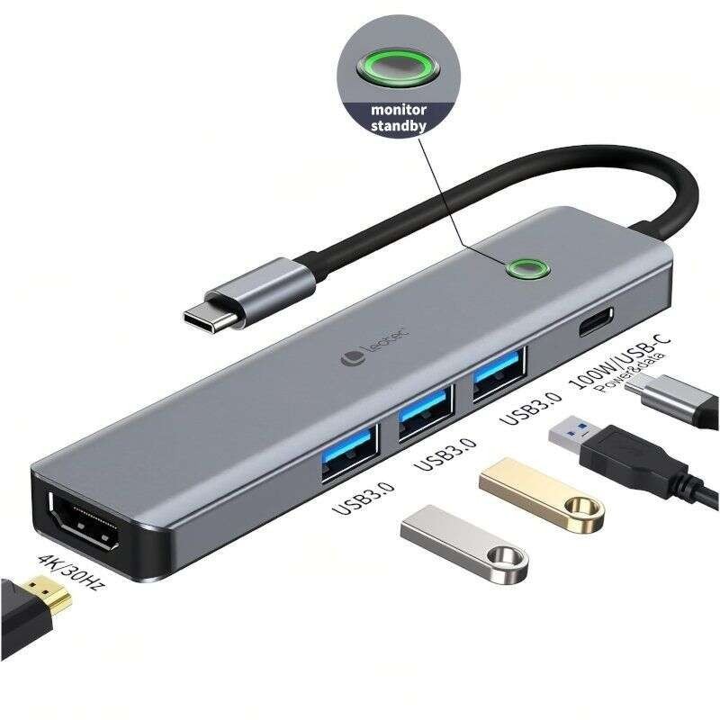 Adaptador 5 em 1 USB-C a 1xHDMI, 3xUSB-A 3.0, 1xPD 100W+USB-C
