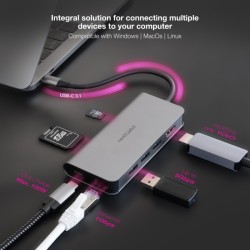 Adaptador HUB USB-C 8 en 1 - Conversor USB-C 3.1 a 3 x USB-A 3.0 + USB-C PD 100W + HDMI 4K@60Hz + RJ45 + TF + SD - Aluminio