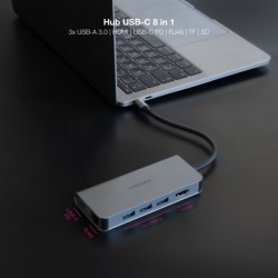 Adaptador HUB USB-C 8 en 1 - Conversor USB-C 3.1 a 3 x USB-A 3.0 + USB-C PD 100W + HDMI 4K@60Hz + RJ45 + TF + SD - Aluminio