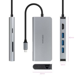 Adaptador HUB USB-C 8 en 1 - Conversor USB-C 3.1 a 3 x USB-A 3.0 + USB-C PD 100W + HDMI 4K@60Hz + RJ45 + TF + SD - Aluminio