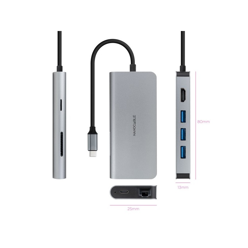 Adaptador HUB USB-C 8 en 1 - Conversor USB-C 3.1 a 3 x USB-A 3.0 + USB-C PD 100W + HDMI 4K@60Hz + RJ45 + TF + SD - Aluminio