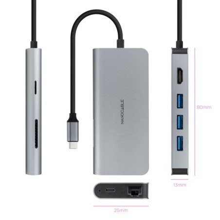 Adaptador HUB USB-C 8 en 1 - Conversor USB-C 3.1 a 3 x USB-A 3.0 + USB-C PD 100W + HDMI 4K@60Hz + RJ45 + TF + SD - Aluminio