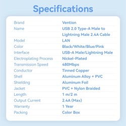 Cabo Lightning a USB 2.0. Vention Aluminio e Algodão entrançado - 480Mbps - 2.4A - 2m